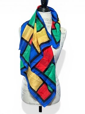 Vintage Glentex Geometric Tetris Scarf Primary Colors Red Green Blue Yellow 30”